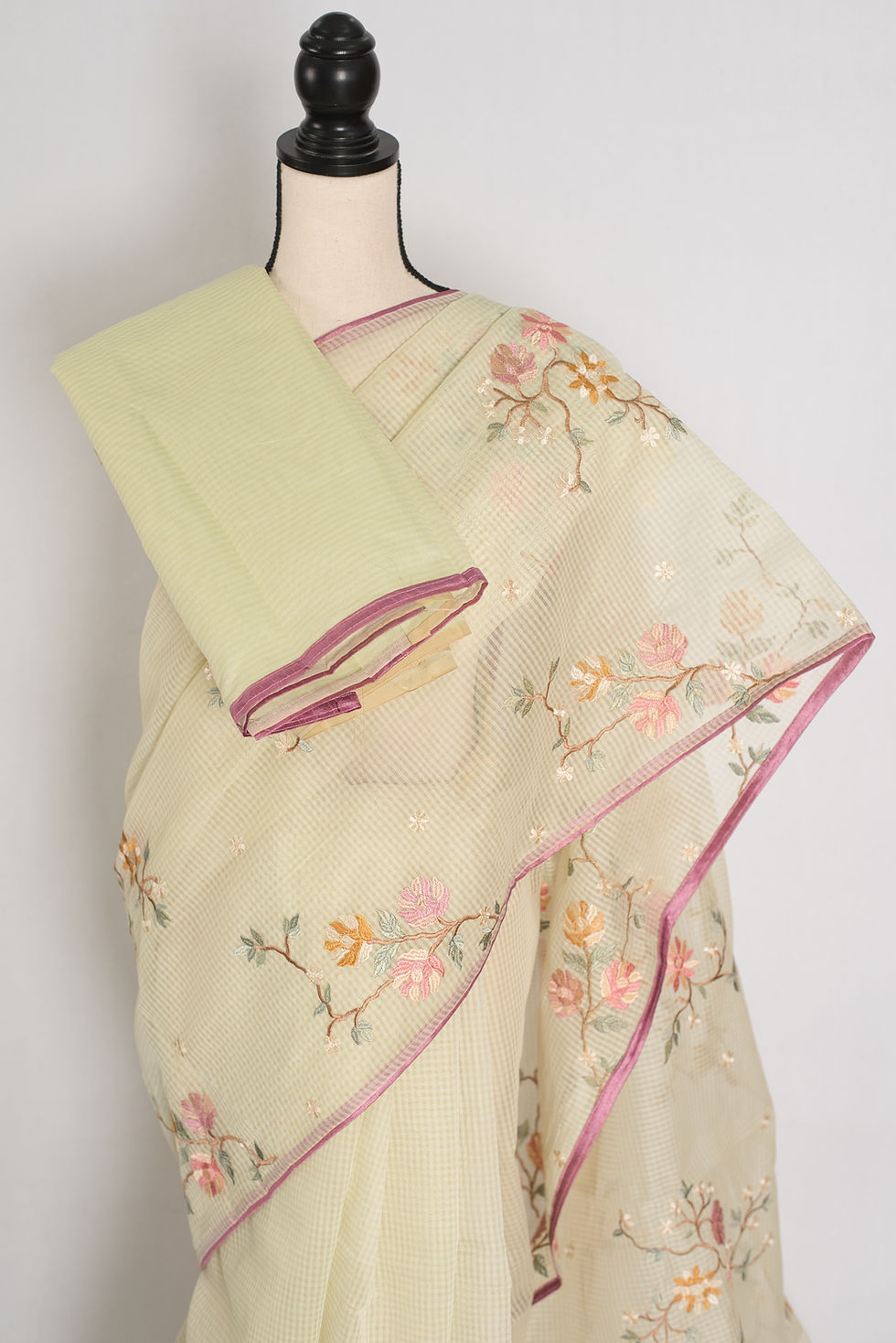 Thumbnail: Ragini collection: Sea green blended cotton kota saree with pink floral machine embroidery and pink piping border.