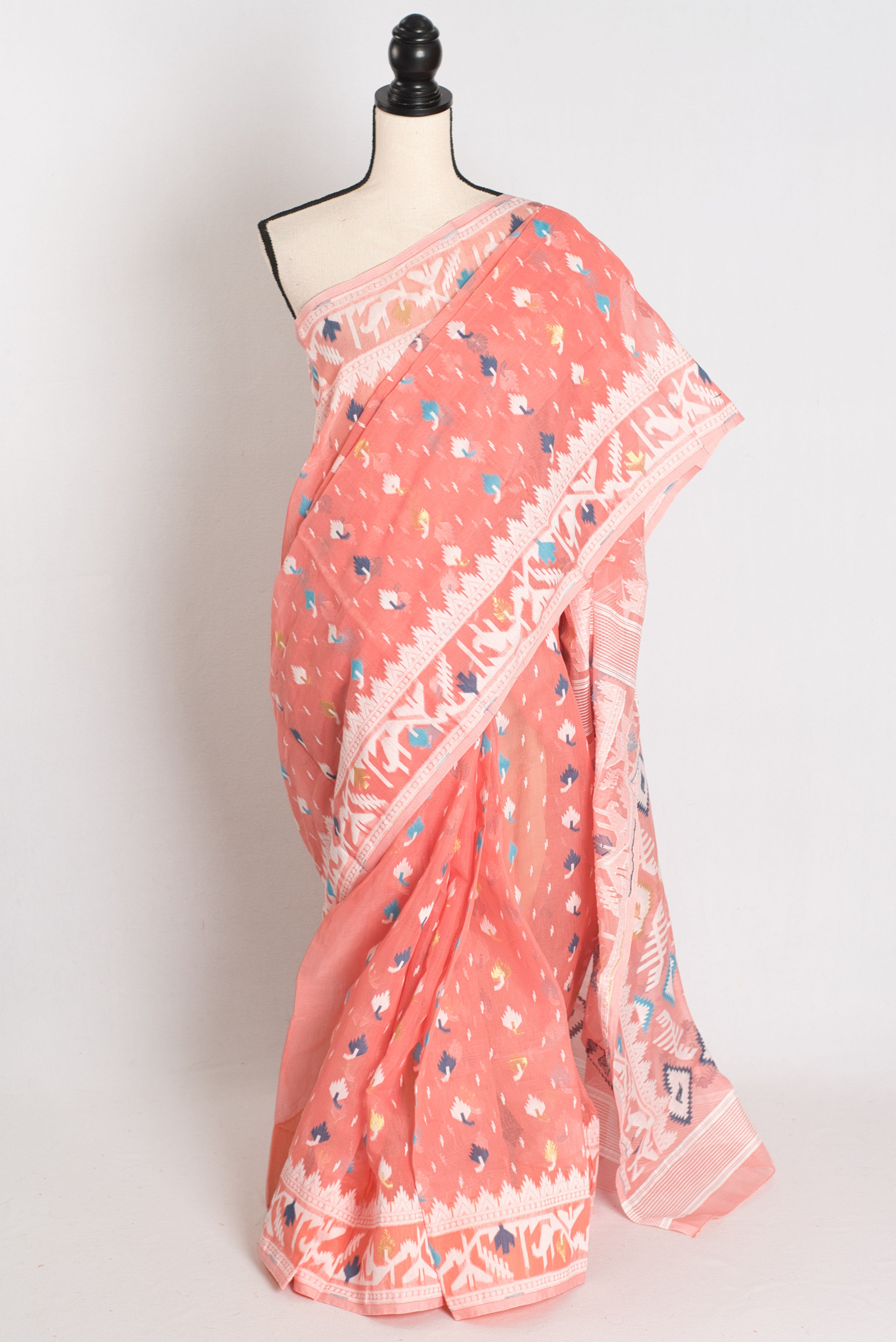 Bina : Peach and White Blended Soft Cotton Jamdani Bengali Saree