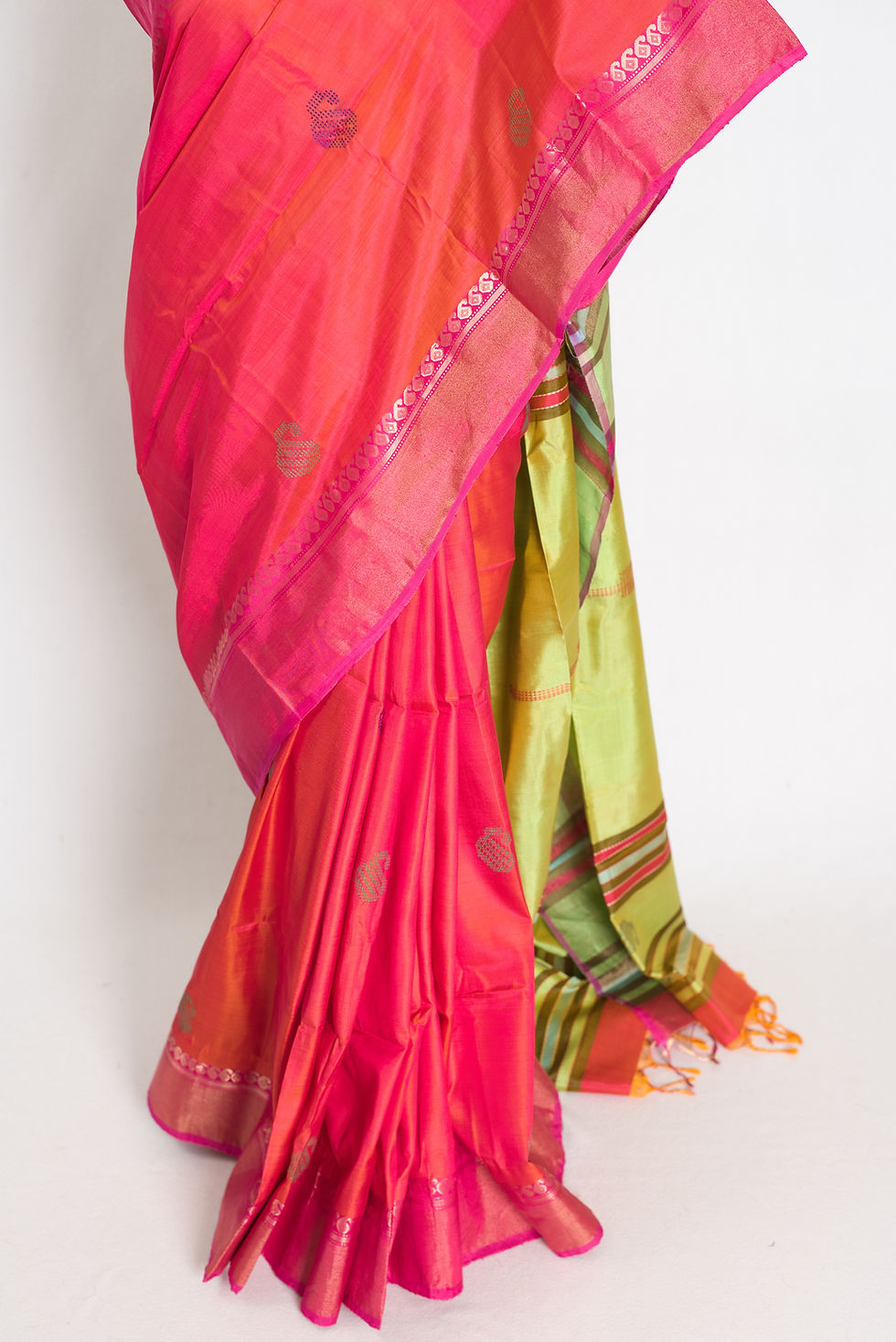 Thumbnail: Peach orange & green shot color katan silk saree; Silk Mark certified Bishnupur handloom. Fast free shipping from USA.