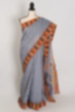 Rai Grey and Brown 100% pure cotton Jamdani saree with temple border design on a mannequin.