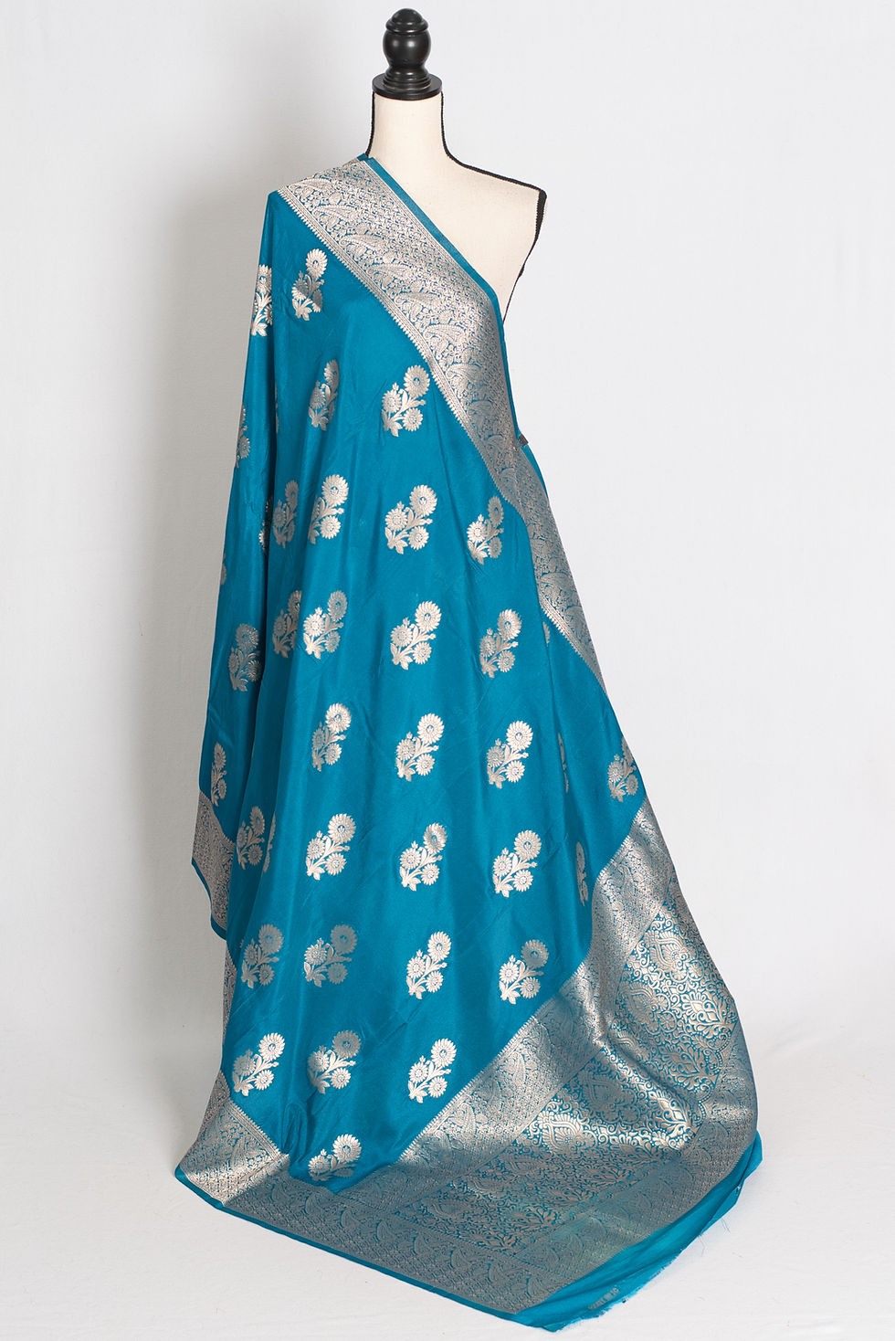 Turquoise blue semi crepe Banarasi saree with silver zari for temple offering Bengal Looms USA
