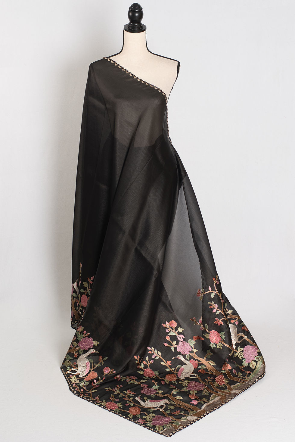 Black semi organza saree; heavy machine embroidery Bollywood style for receptions. Fast free shipping from within USA.