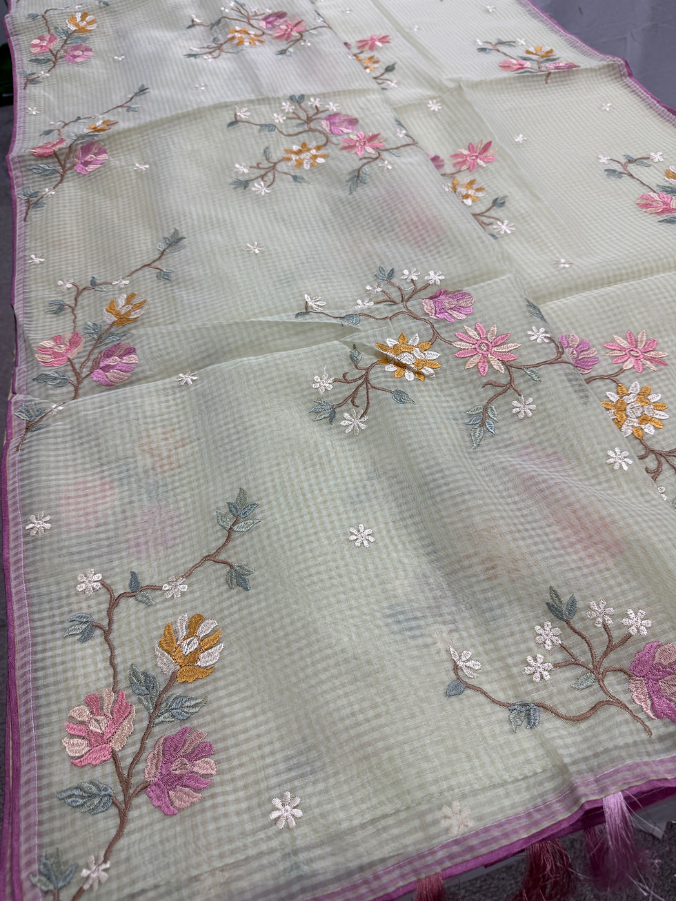 Ragini collection: Sea green blended cotton kota saree with pink floral machine embroidery and pink piping border.
