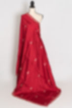 Afrin radiant red semi satin partywear saree with gold Zardosi hand-embroidery and a fluid, designer drape.