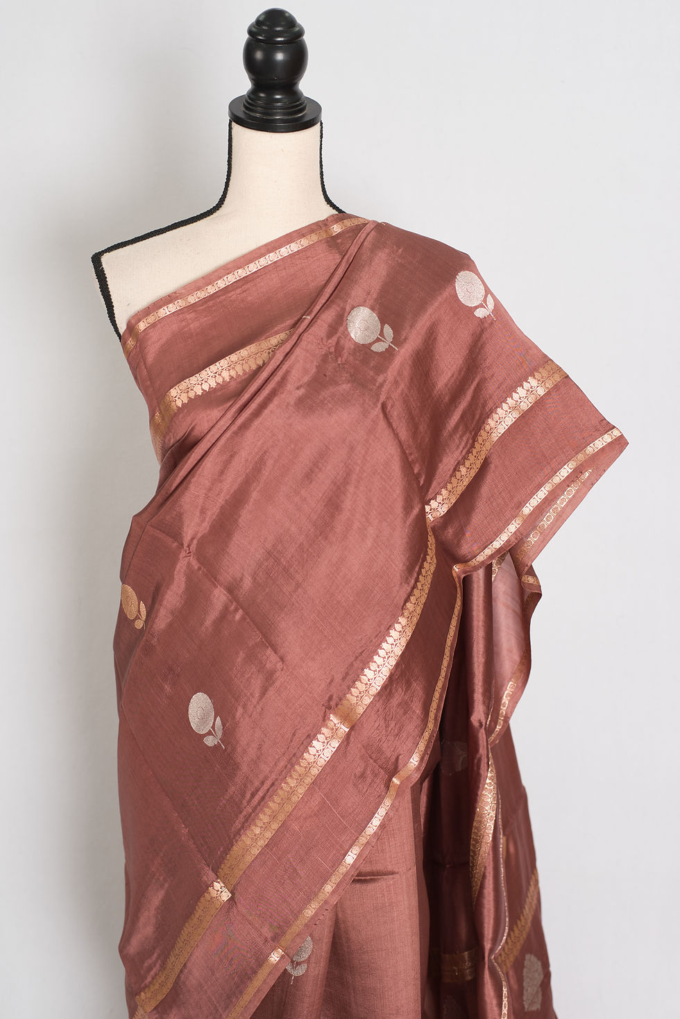 Thumbnail: Gracy brown and gold lightweight Katan Banarasi silk saree with intricate Bentex metallic border and floral buttas.