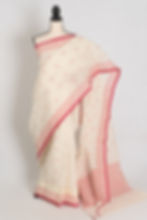Traditional White and Red Bengal Cotton Jamdani Saree, handwoven Tant from the Jamini collection.