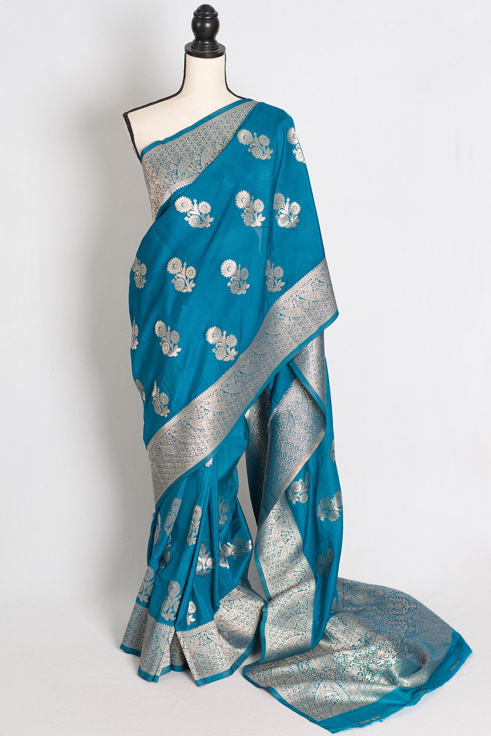Turquoise blue semi crepe Banarasi saree with silver zari for temple offering Bengal Looms USA