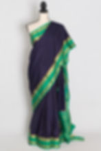 Full length front drape of the Malathi dark blue and green pure Mysore crepe silk saree