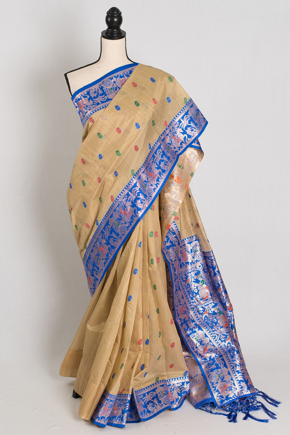Bristi: Budget Friendly Blended Cotton Baluchari Saree in Beige and Blue