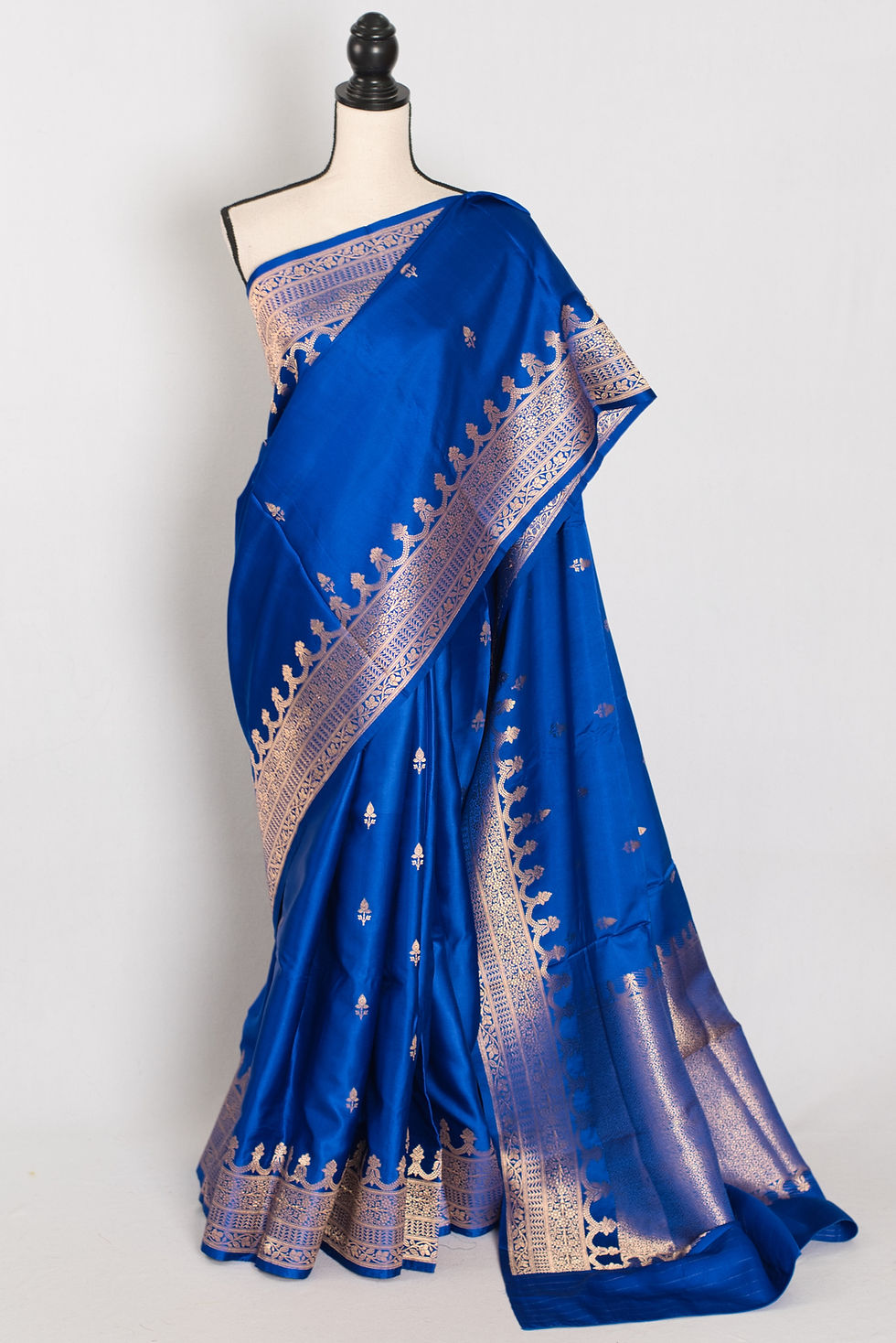 Silk Mark certified royal blue premium Mashru Banarasi silk saree with traditional heavy gold zari weaving.