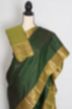 Thumbnail: Full length view of the Mytheli forest green poly silk Kanjivaram saree