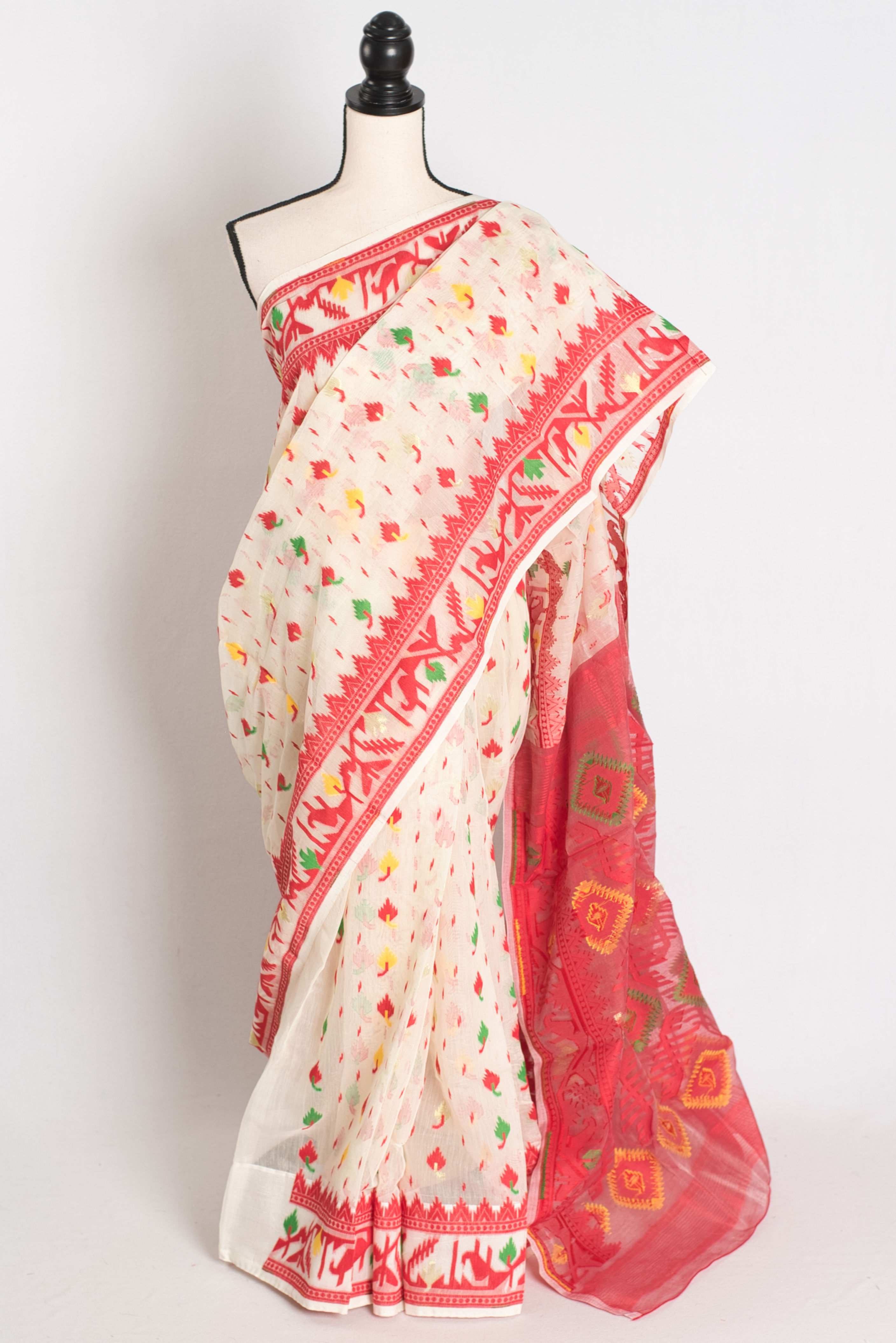 Mitali : Off White and Red Blended Soft Cotton Jamdani Bengali Saree