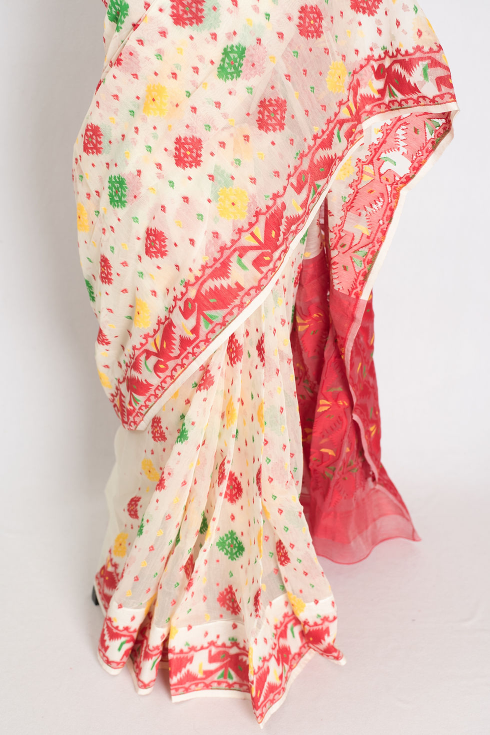 Thumbnail: Cream and red soft cotton Jamdani saree; traditional Bengali handloom for Durga Puja and weddings. Ships from within USA.