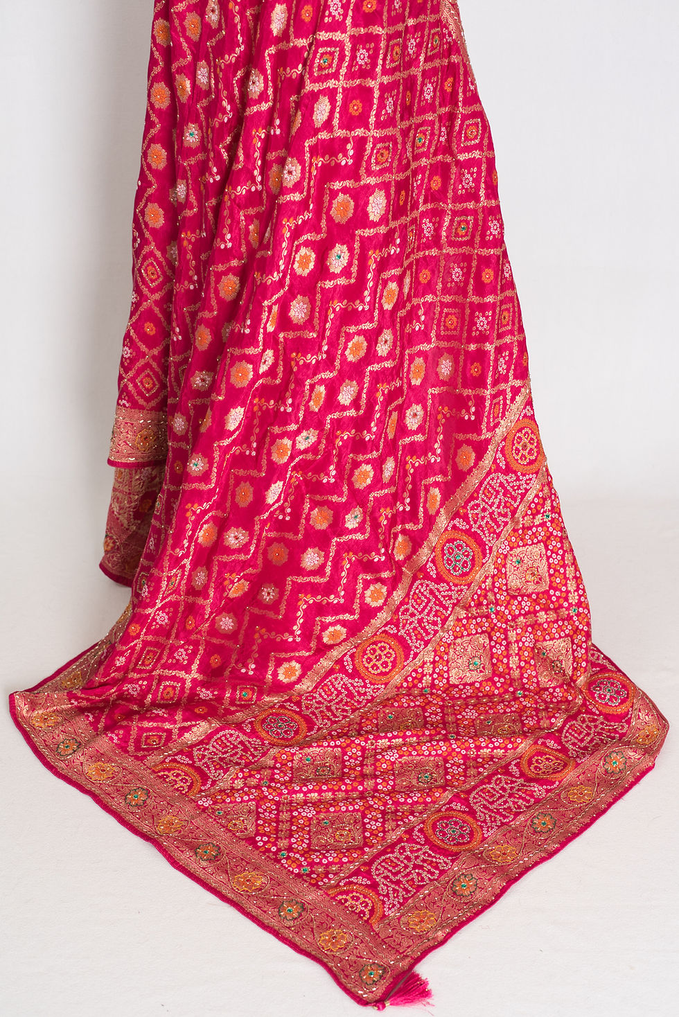 Thumbnail: Front full-length view of the dark pink hand embroidery soft Dola silk Banarasi saree draped on a mannequin.
