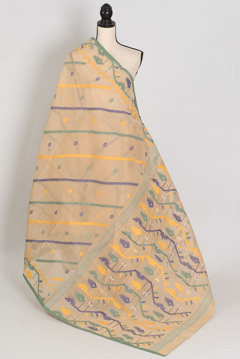Beige Bengal Handloom Jamdani saree with green, yellow, and purple Karat work on a mannequin.