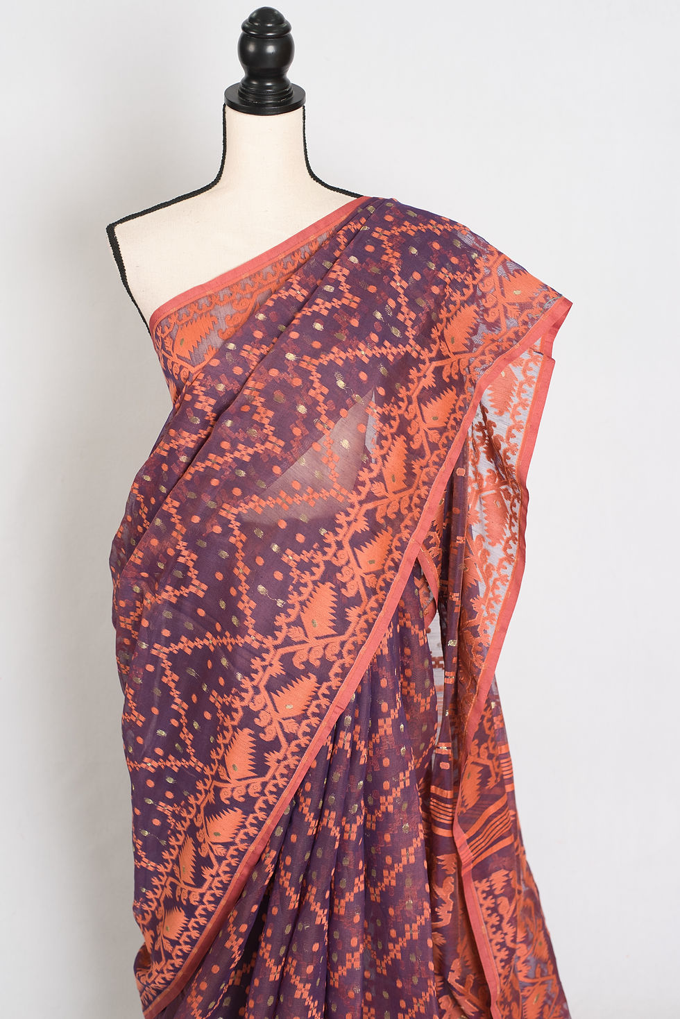 Thumbnail: Blended Cotton Soft Jamdani Saree in Purple and Orange