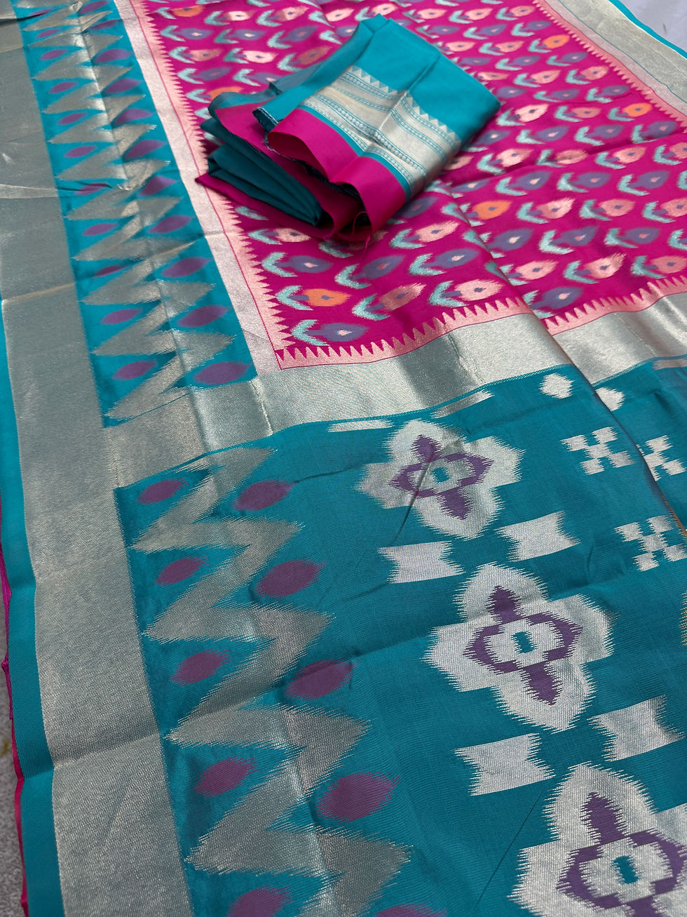 Thumbnail: Hot pink and Rama green art silk saree with traditional Pochampally motifs and silver border.
