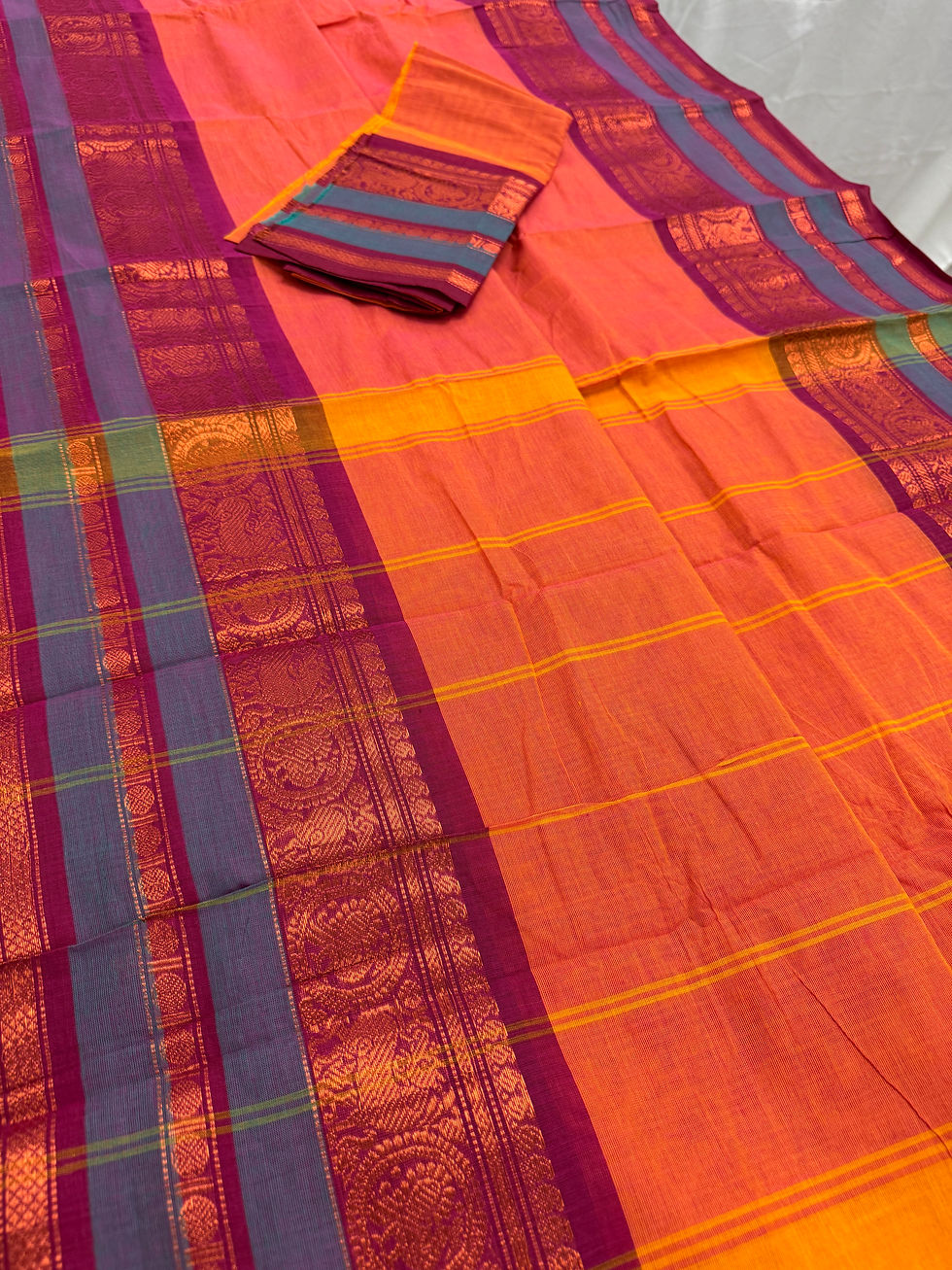 Thumbnail: Malathi : Handwoven Kanchi Cotton Saree in Orange and Magenta