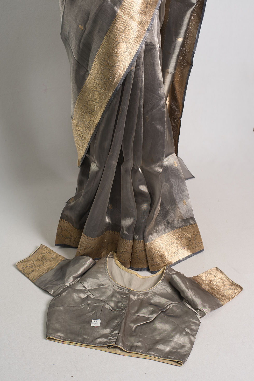 Thumbnail: Silk Mark Certified Silver Grey Tissue Banarasi Saree with Stitched Blouse