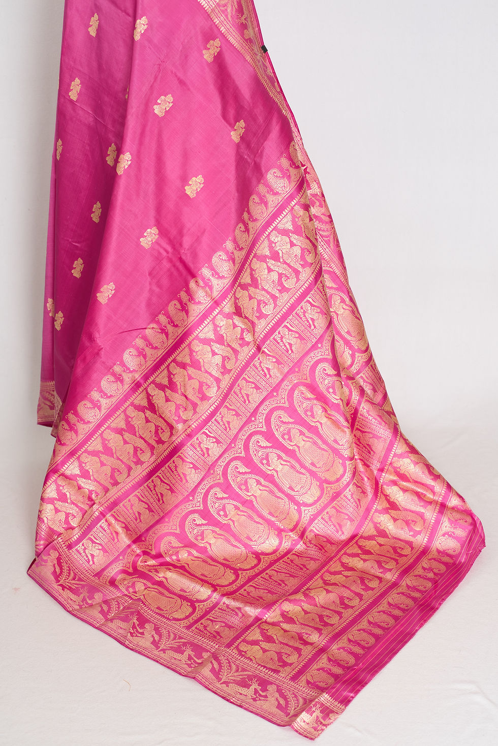 Thumbnail: Front full-length view of the vibrant pink and cream handwoven Bishnupuri Baluchari pure silk saree draped on a mannequin.