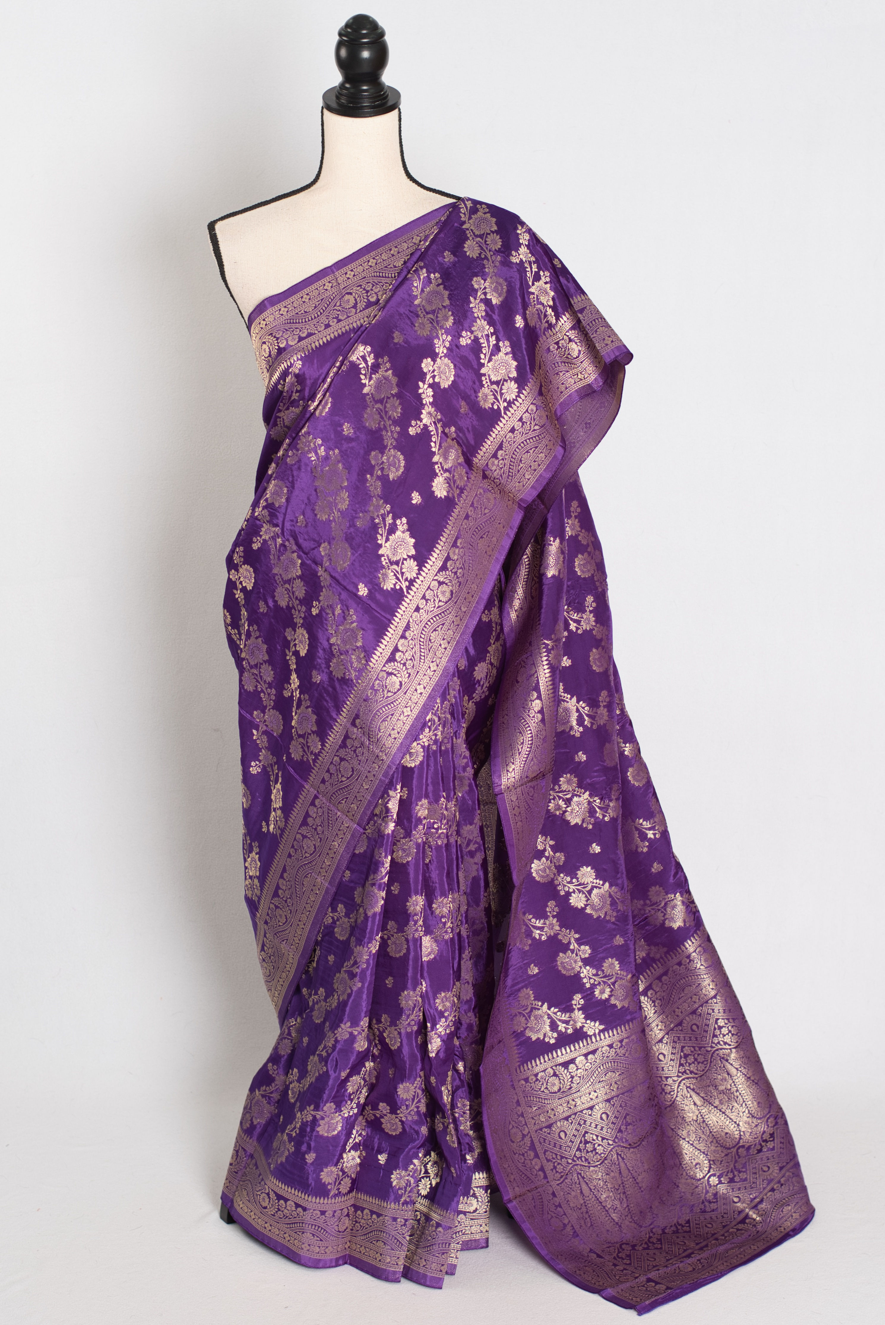 Purple Semi Crepe Silk Banarasi Saree with Traditional Gold Zari Jaal Work.