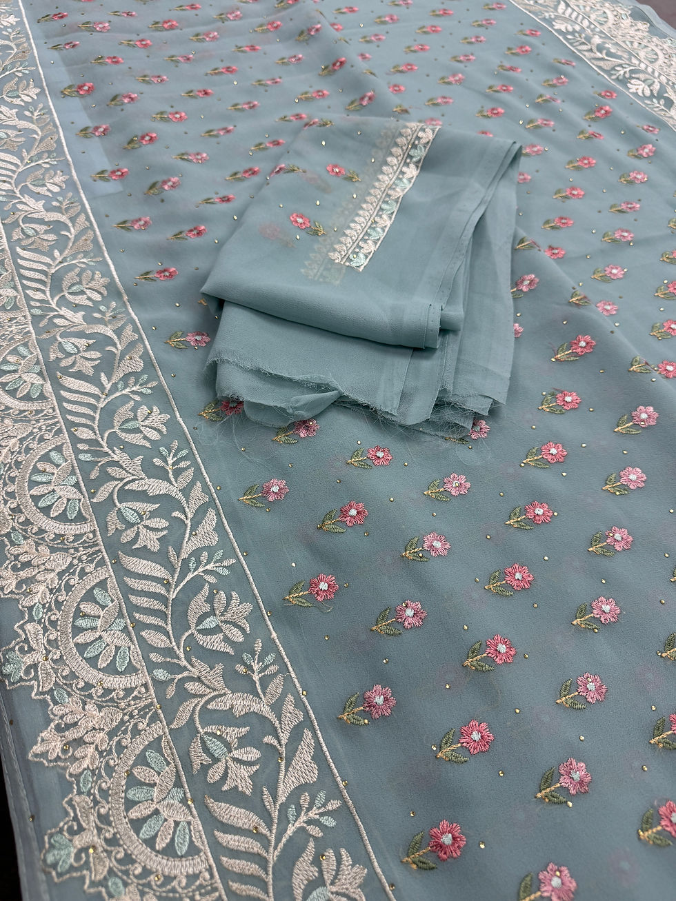 Thumbnail: Full layout view of the sky blue georgette partywear saree showing its all-over embroidered pink floral bootis.