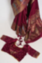 Madhabi magenta semi mashru Banarasi silk saree with gold zari work and matching size 36 stitched blouse.