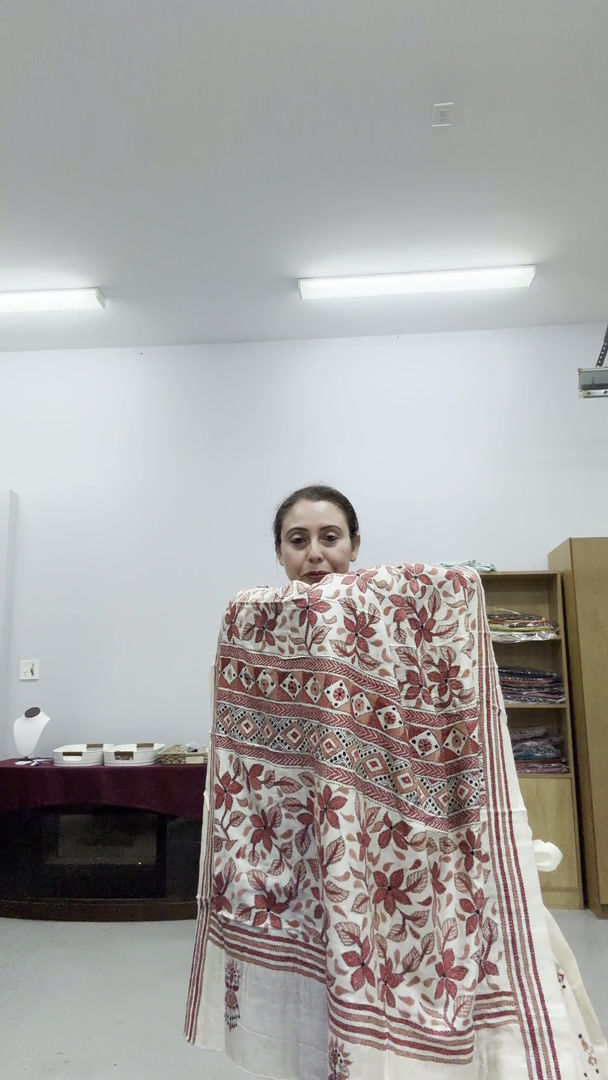 Video of Cream pure Bangalore silk saree with rust brown hand-embroidered Kantha stitch floral design.