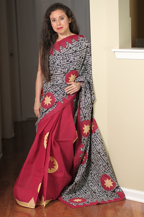 Script Printed Cotton Applic Boutique Saree in Black, Red and Yellow