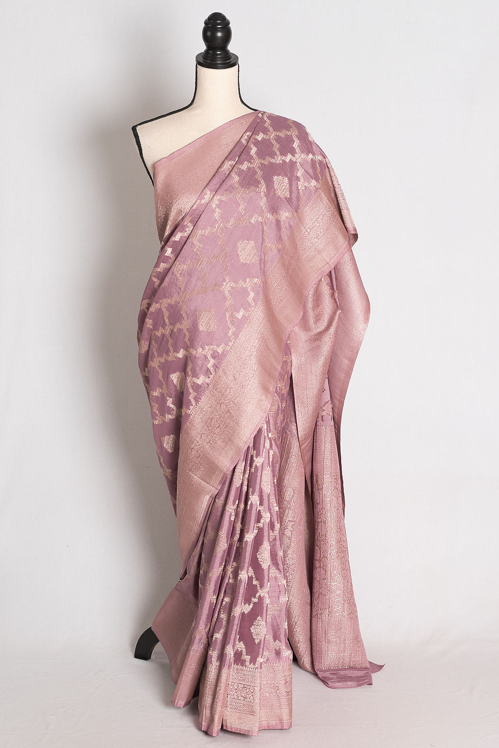 Mauve and Gold Semi Georgette Banarasi Saree draped elegantly on a mannequin.