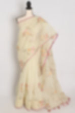 Ragini collection: Sea green blended cotton kota saree with pink floral machine embroidery and pink piping border.