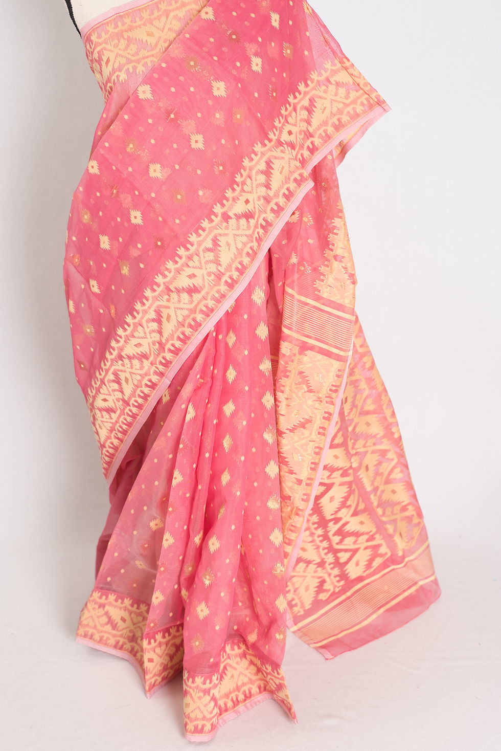 Thumbnail: Pink and yellow soft cotton Jamdani saree; breathable Bengali handloom ethnic wear for summer weddings and Haldi events.