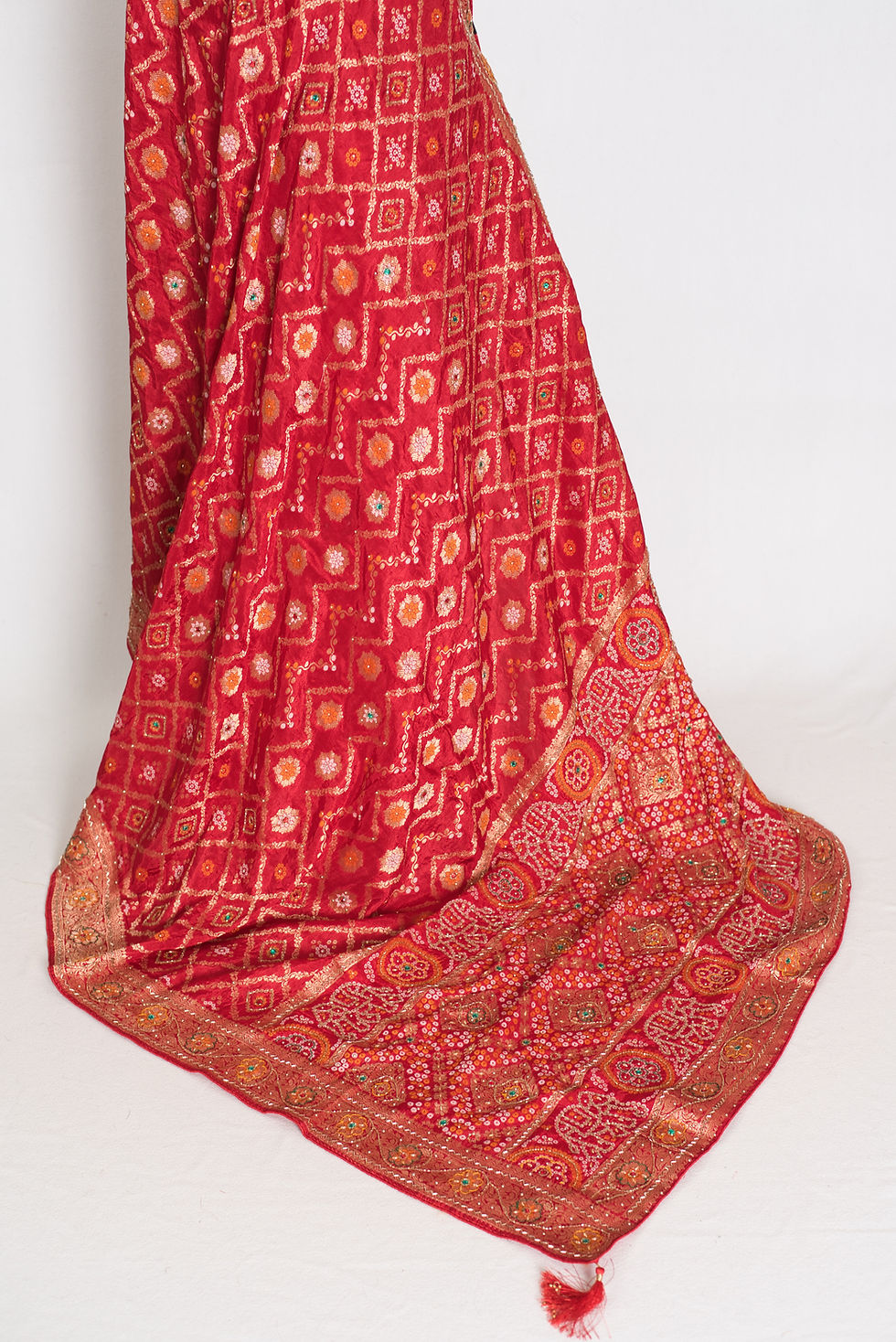 Thumbnail: Front full-length view of the red bridal Dola silk Banarasi saree draped on a mannequin.