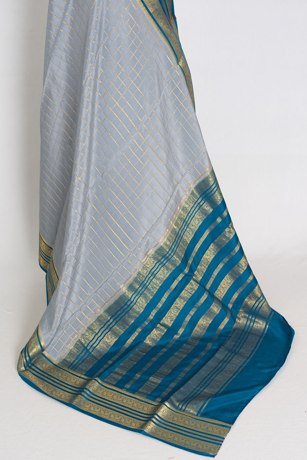 Thumbnail: Front full-length view of the gray and blue premium Mysore crepe silk saree on a mannequin.