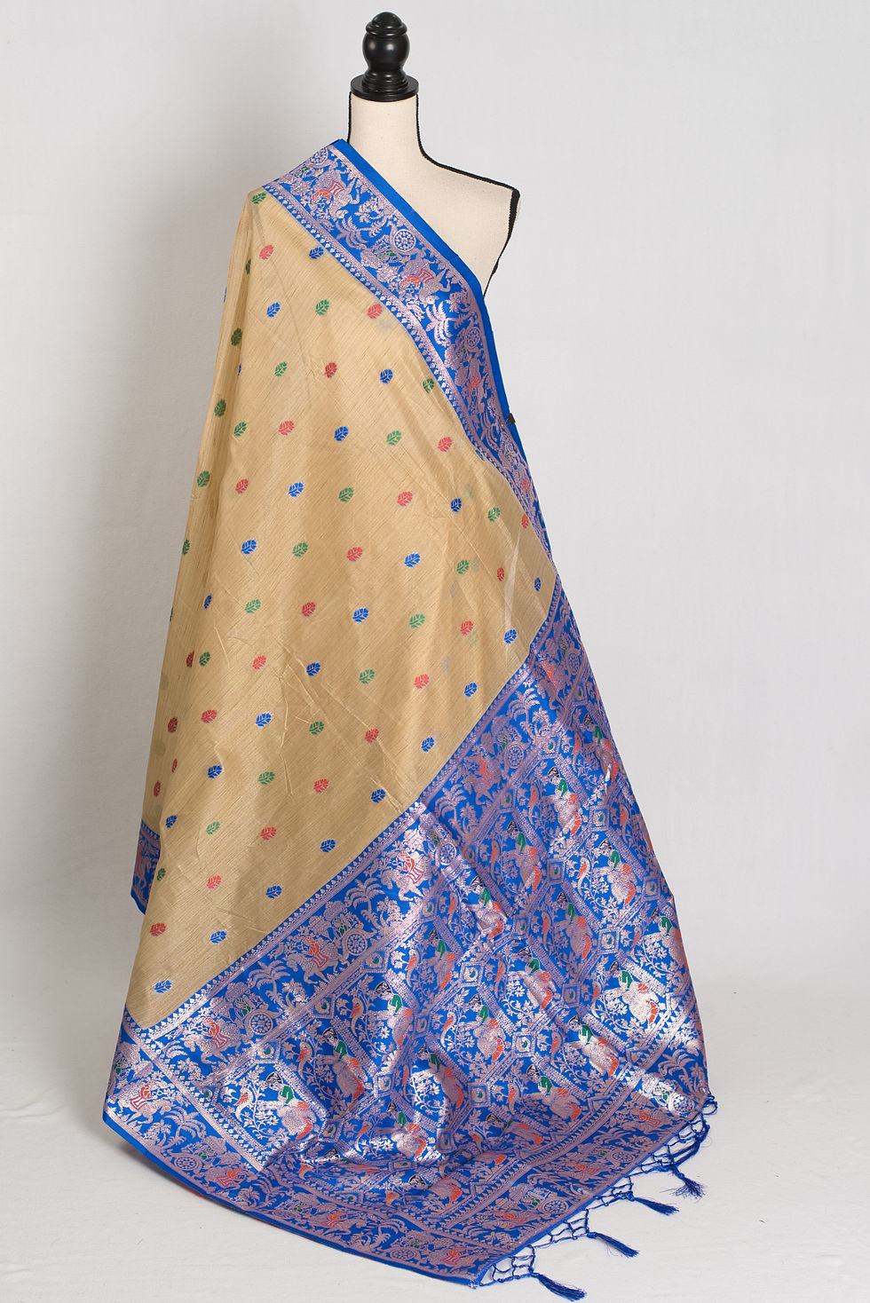 Bristi: Budget Friendly Blended Cotton Baluchari Saree in Beige and Blue