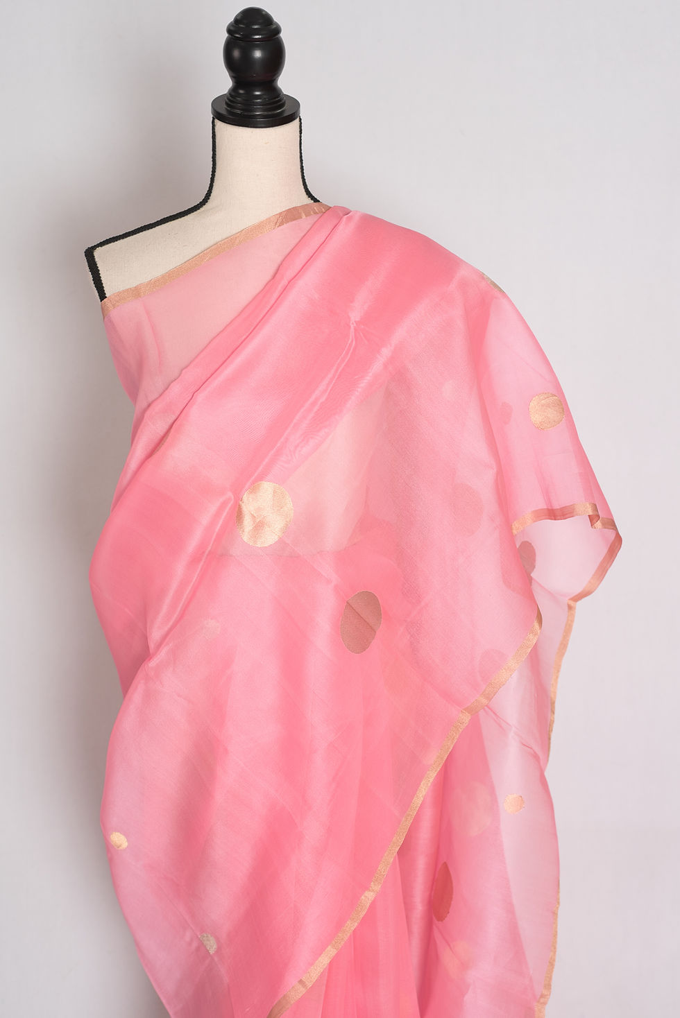 Thumbnail: Baby pink and gold zari polka dot handwoven Kora Banarasi organza silk saree with matching unstitched blouse piece.