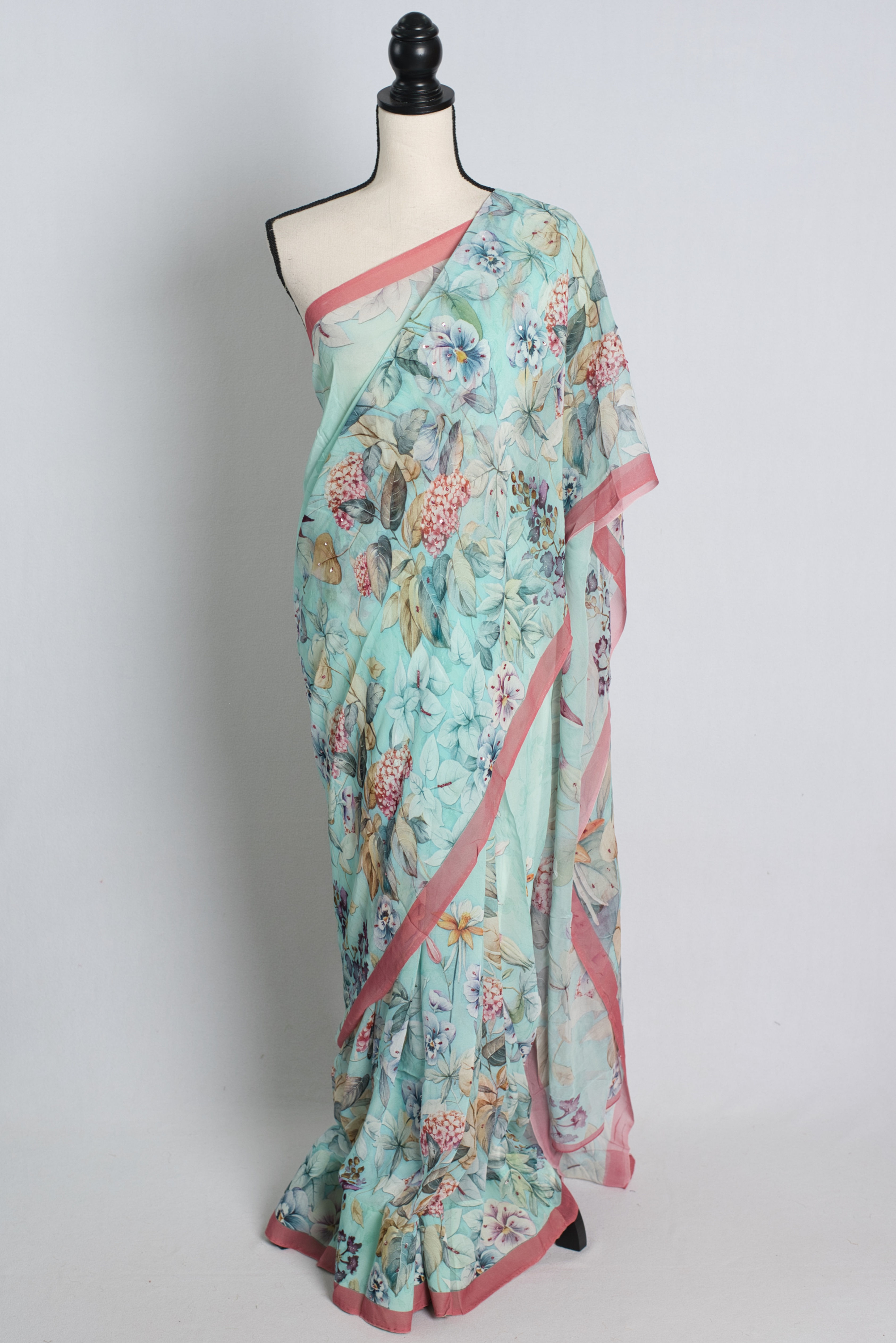 Digital Printed Georgette Saree with Sequins in Sky Blue