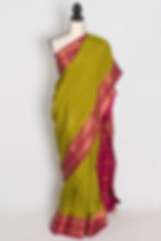 Full front view of the Maya moss green and dark pink checks pure Mysore silk saree.