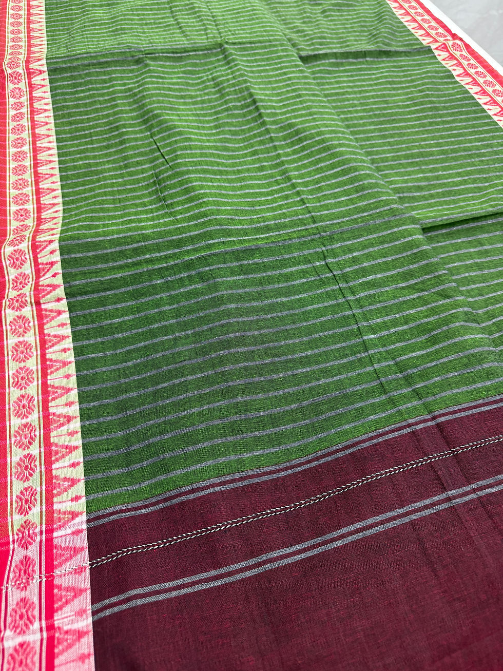 Thumbnail: Heena green pure cotton Bengal handloom Dhaniakhali saree featuring fine stripes, red woven border, and maroon pallu.