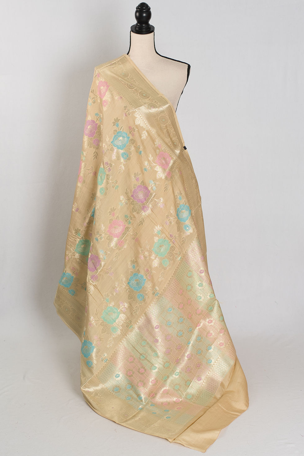 Off-white and gold floral Banarasi saree in soft Muga cotton silk (Mahi Collection).