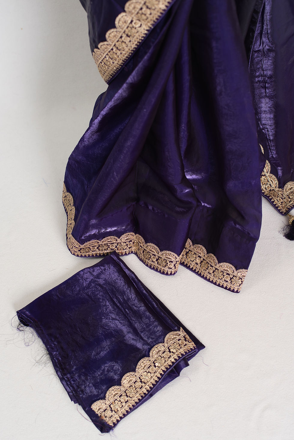 Thumbnail: Nadia : Designer Glass Tissue Purple Partywear Saree with Patched Golden Border