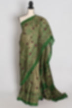 Olive green Murshidabad pure silk saree with hand-printed maroon floral sprigs and forest green borders draped on a mannequin