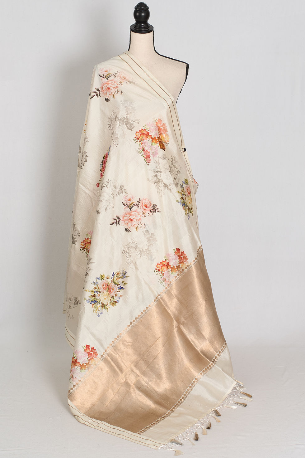 Silk Mark Certified ivory white floral printed Banarasi Katan silk saree with gold woven border from Bengallooms.