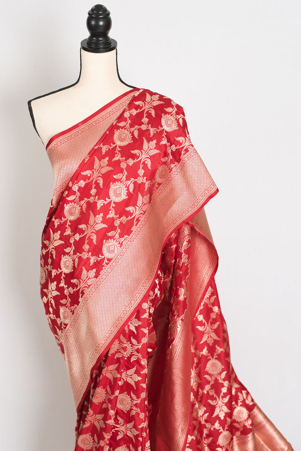 Thumbnail: Rukhmani : Silk Mark Certified Bridal Jaal Banarasi Katan Silk Saree in True Red