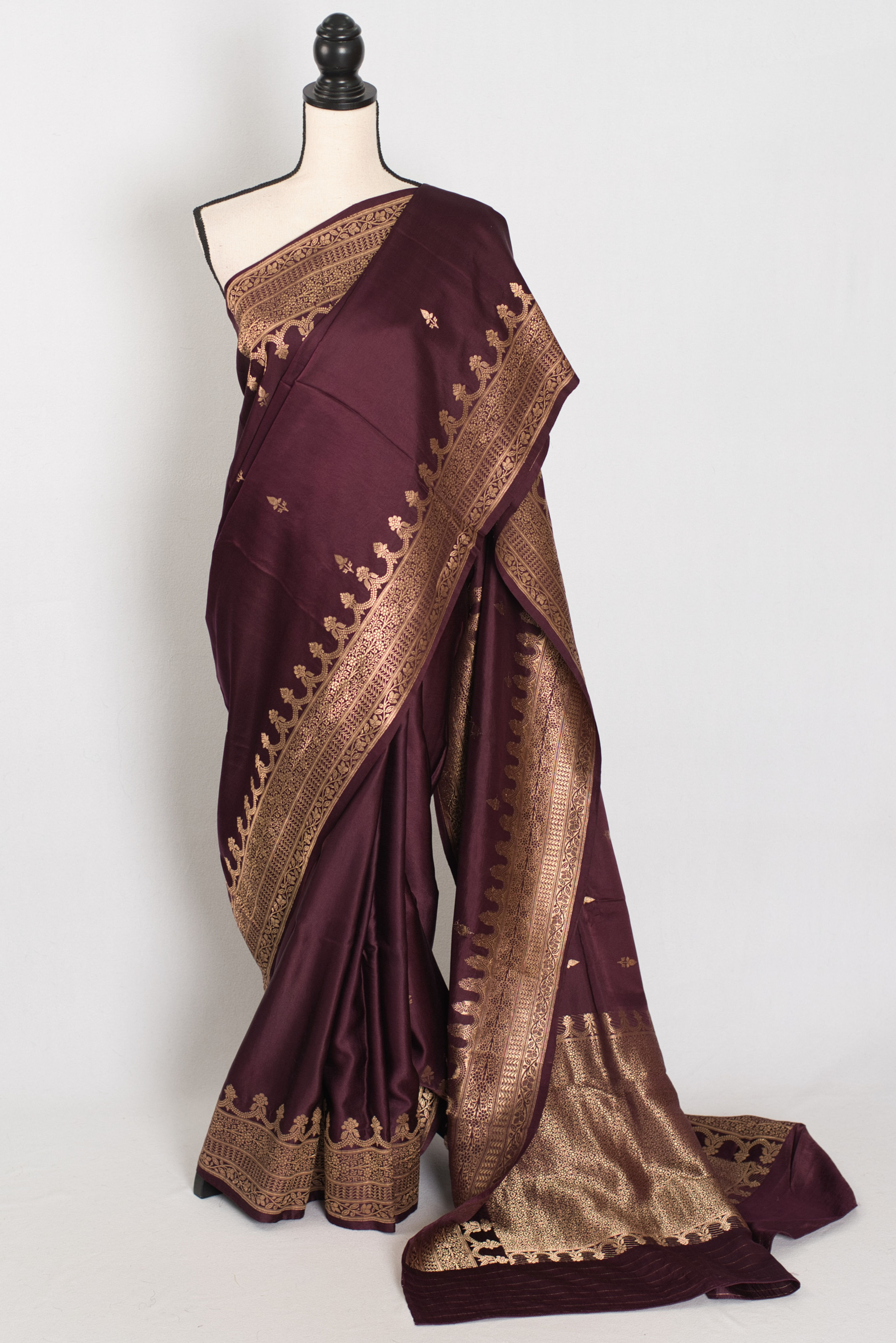 Silk Mark certified deep wine premium Mashru Banarasi silk saree with traditional heavy antique gold zari weaving.