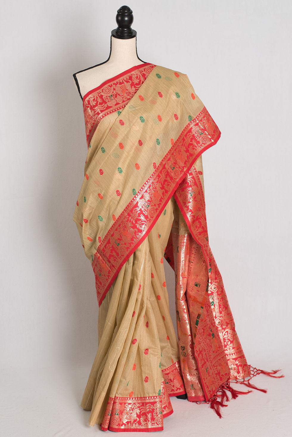 Mritika: Budget Friendly Blended Cotton Baluchari Saree in Beige and Red