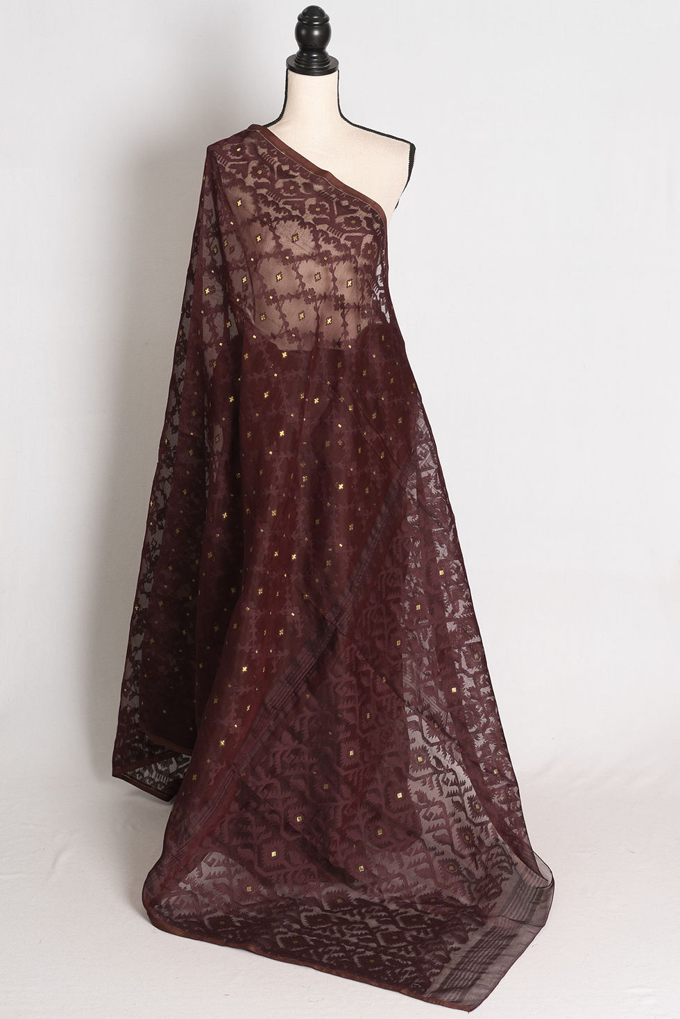 Thumbnail: Coffee brown and gold soft blended cotton Bengali Jamdani saree featuring tone-on-tone floral lattice weave.