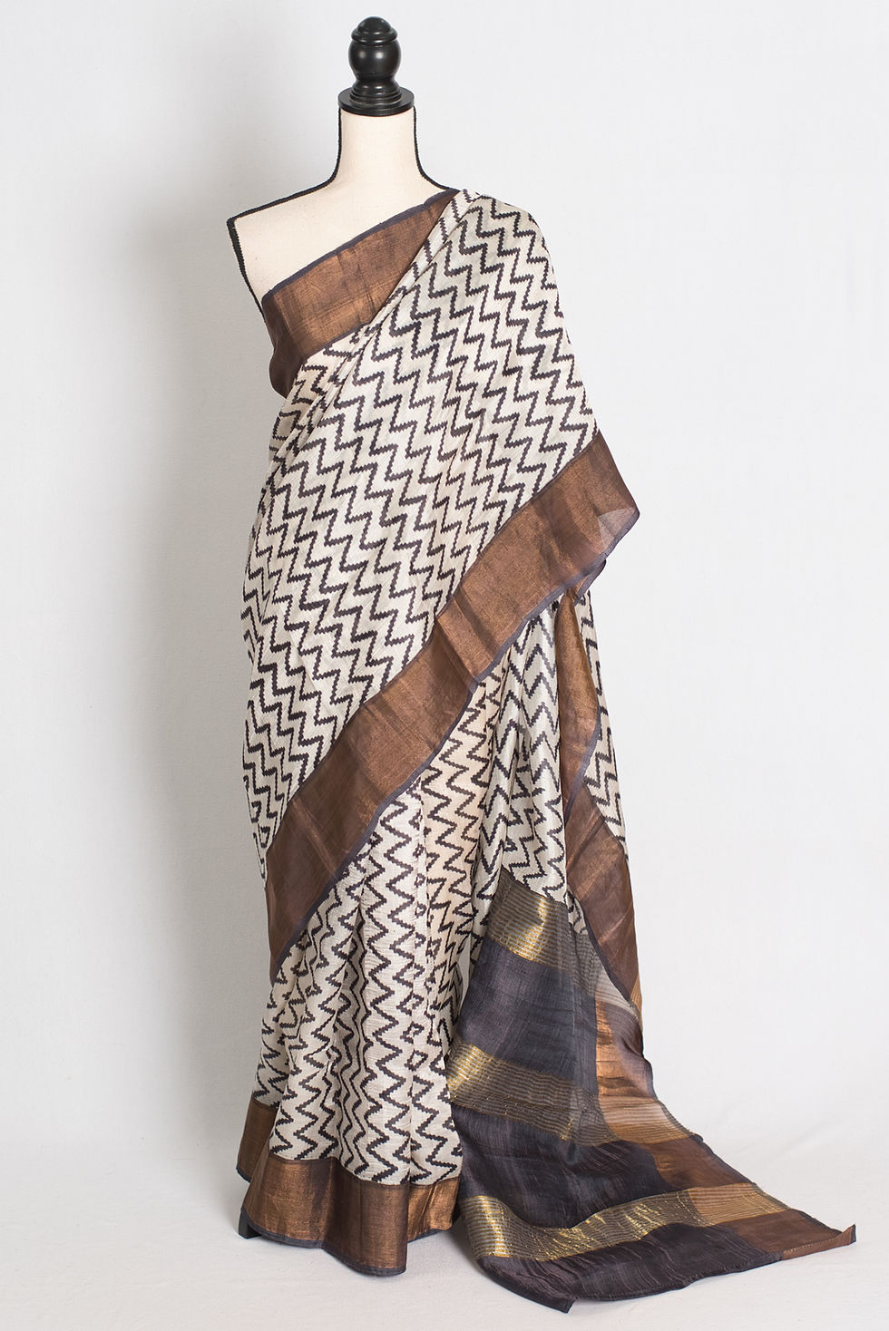 Contemporary black and white zigzag printed Matka Tussar silk saree from Bengal Looms USA