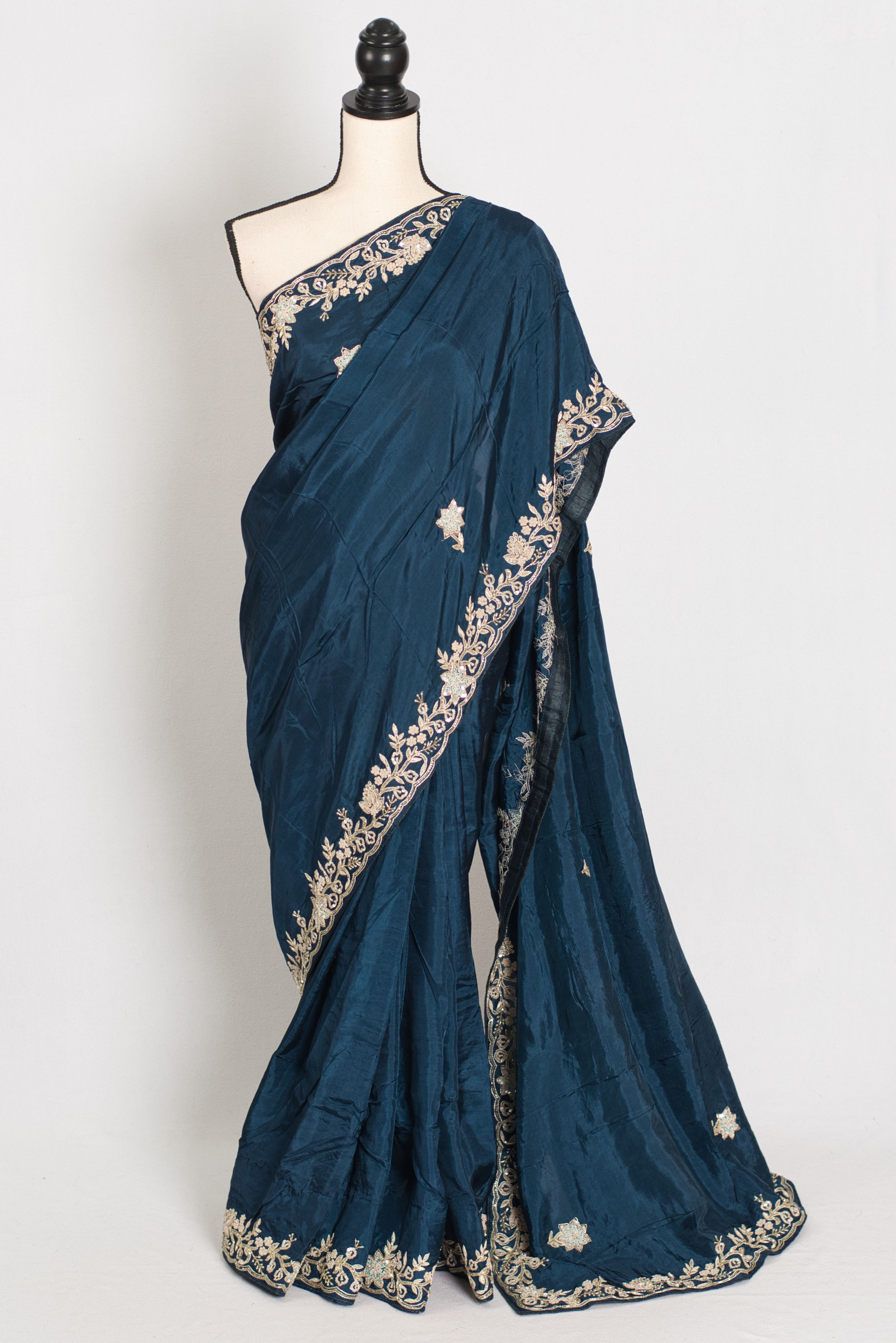 Samaira : Hand Zardosi Embroidery Blue Satin Silk Partywear Saree