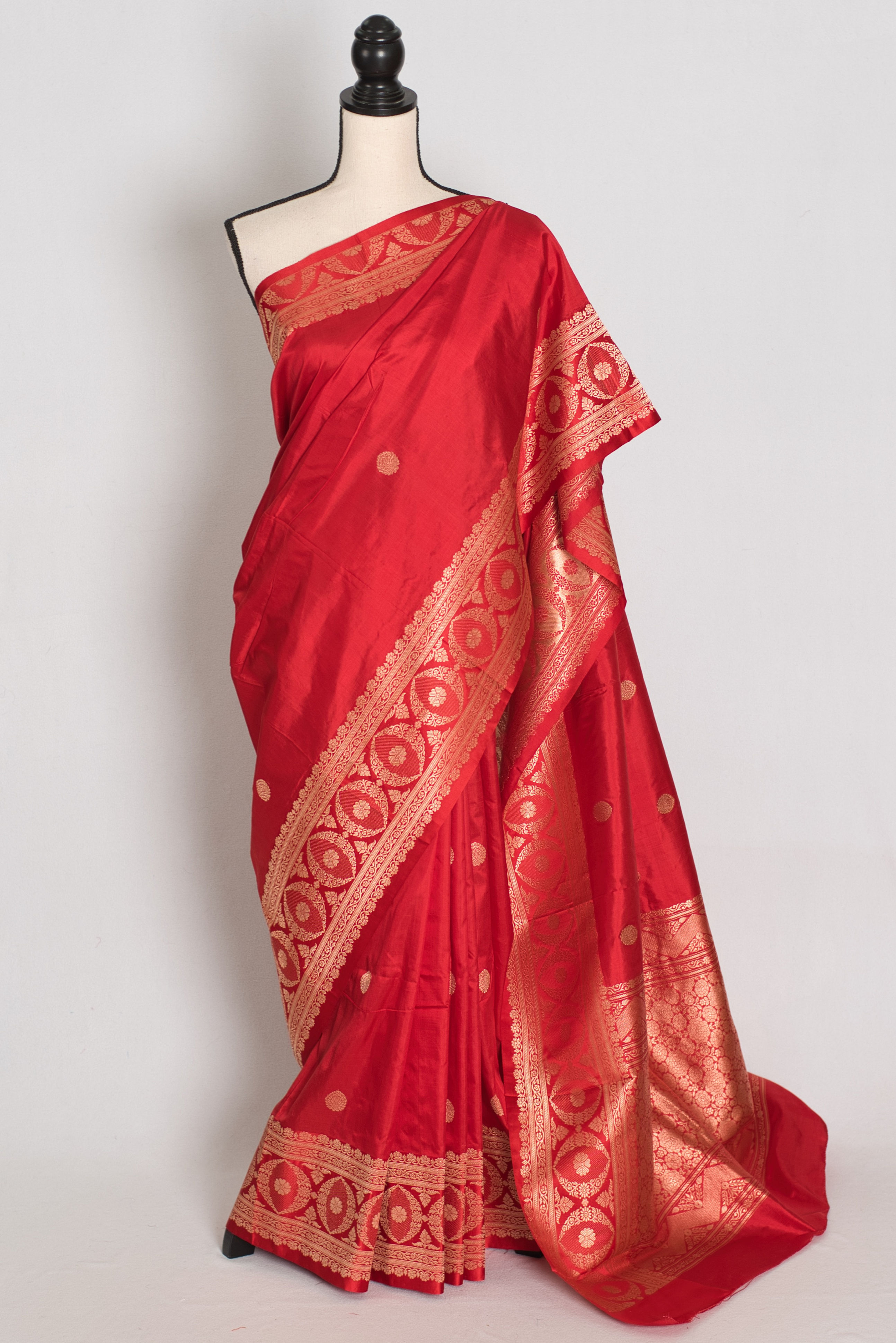 Red and gold handwoven pure silk bridal Banarasi saree with circular zari bootis, rich oval medallion border, brocade pallu.
